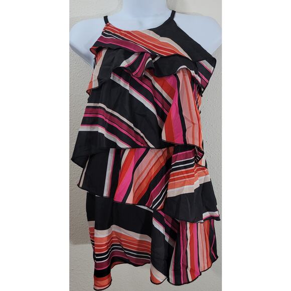 Worthington Black Pink Ruffled Sleeveless Top Large Keyhole Back Lightweight - Picture 1 of 6
